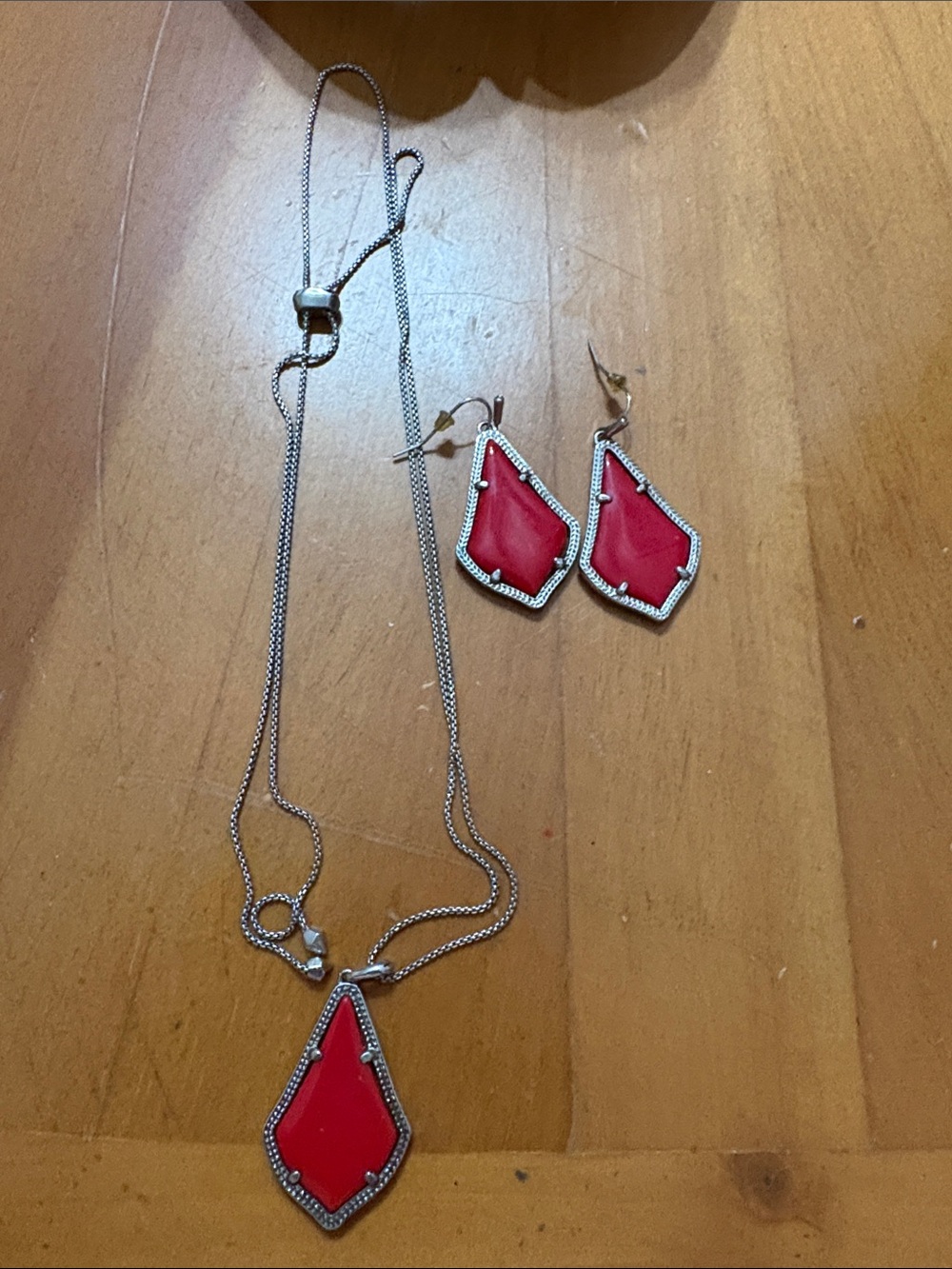 Red Geometric Pendant Necklace & Earrings Set - Women Jewelry